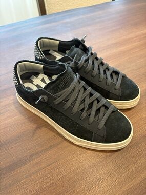 P448 Black Suede Sneakers , Cream Sole and Studded Heel, hot pink bottoms